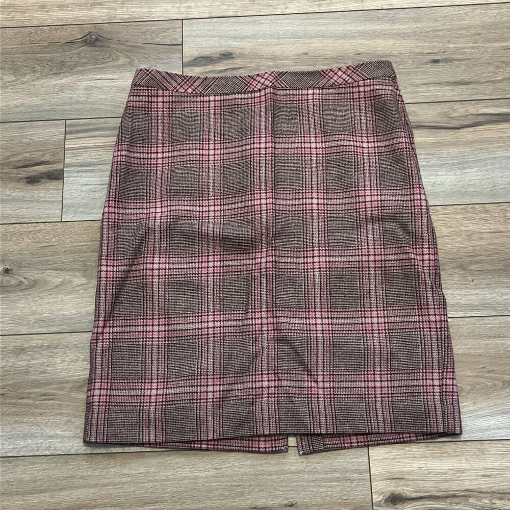 Talbots Pencil Skirt SZ 12 Wool Blend Tartan Plaid Brown Pink Lined Back Zip